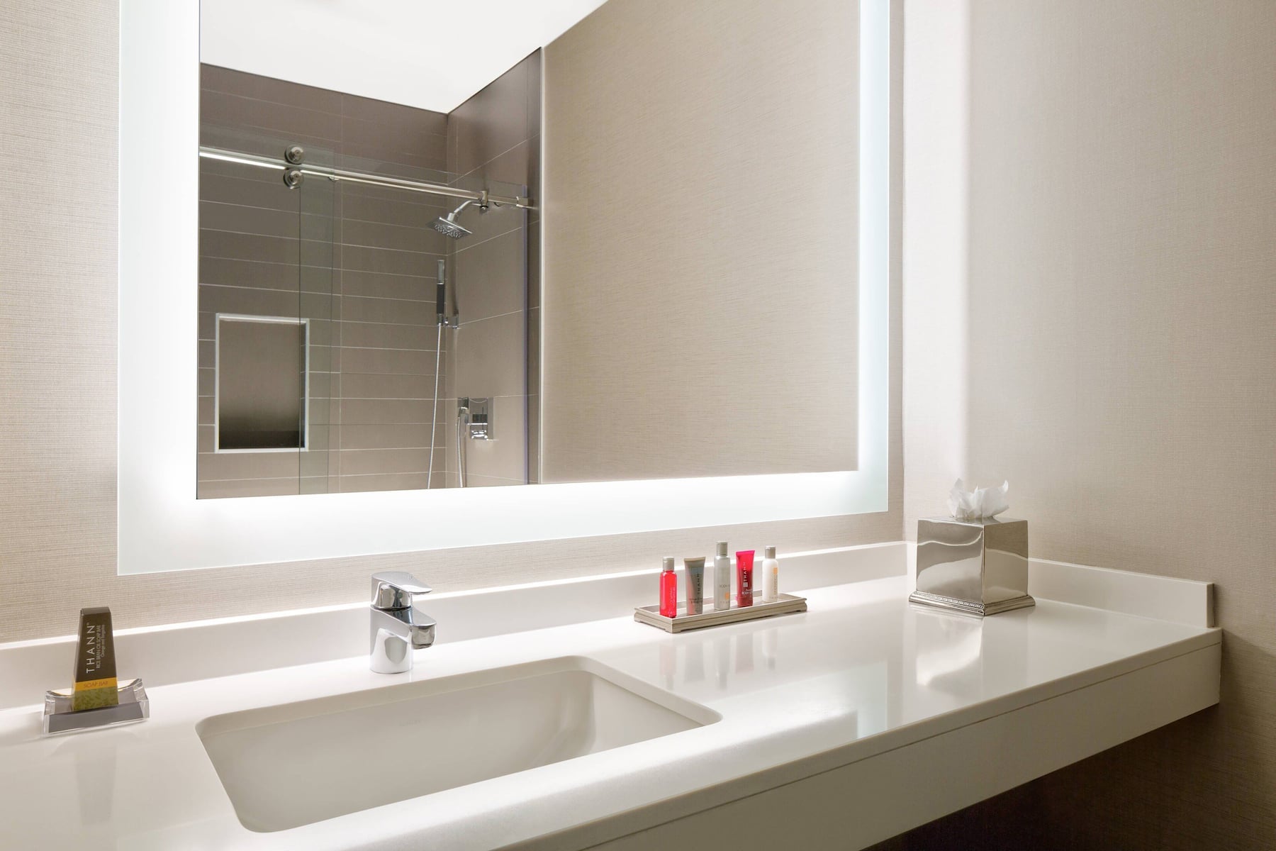 Guest room bath at the Wyndham Atlanta Buckhead Hotel & Conference Center in Atlanta, Georgia