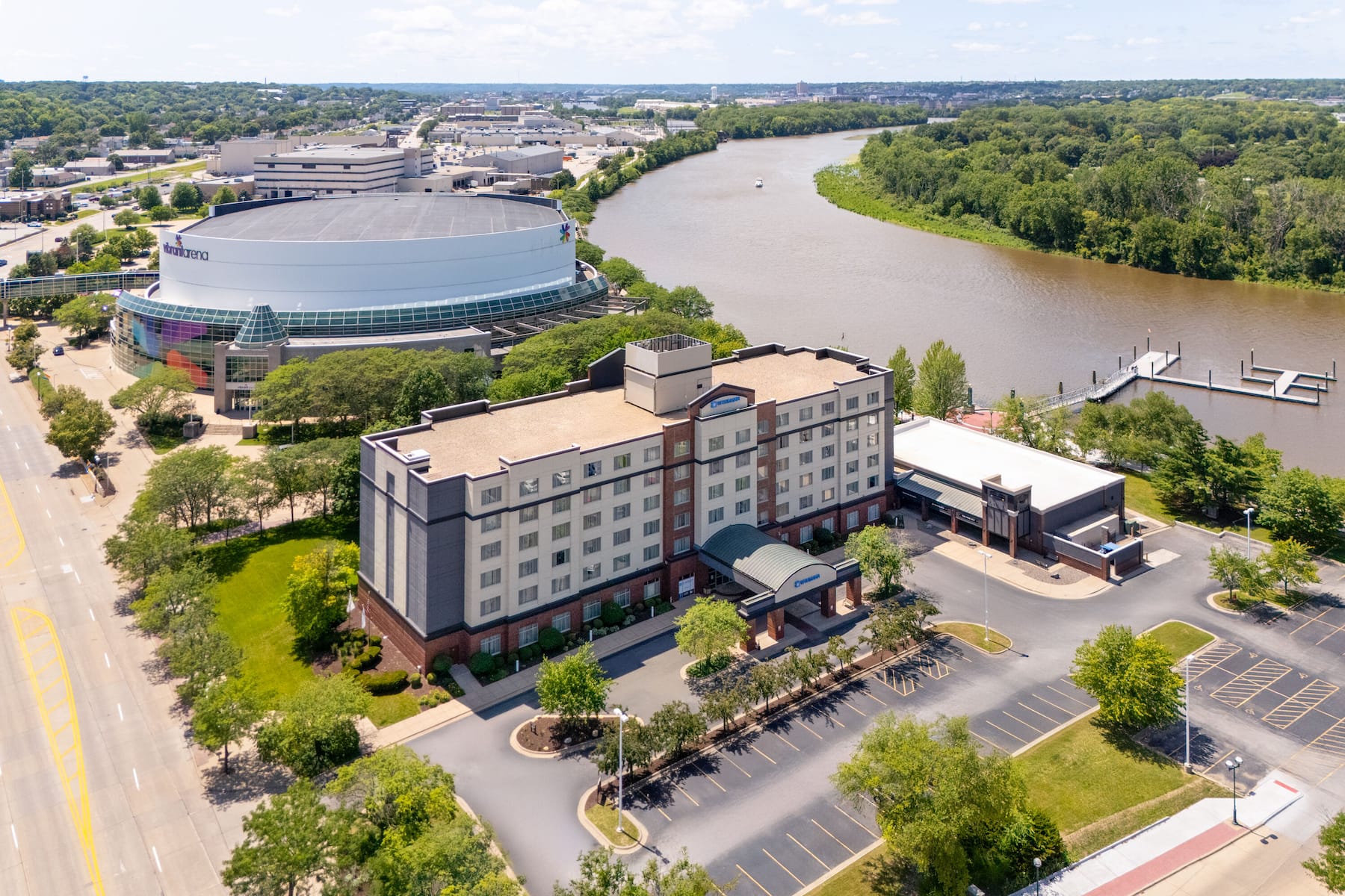 Aerial View of Wyndham Moline on John Deere Commons hotel in Moline, Illinois